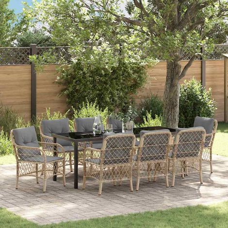 Garten Essgruppe mit Kissen 9 pcs Beige Poly-Rattan