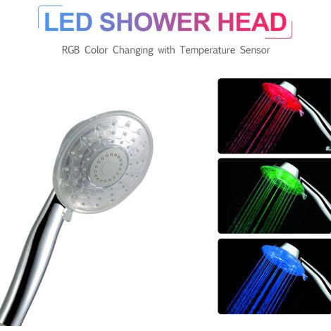 Douchette LED à main, pommeau de douche à capteur de température et changement de couleur RGB automatique, alimentée par l'eau, pour salle de bain, sans pile. (1/5)