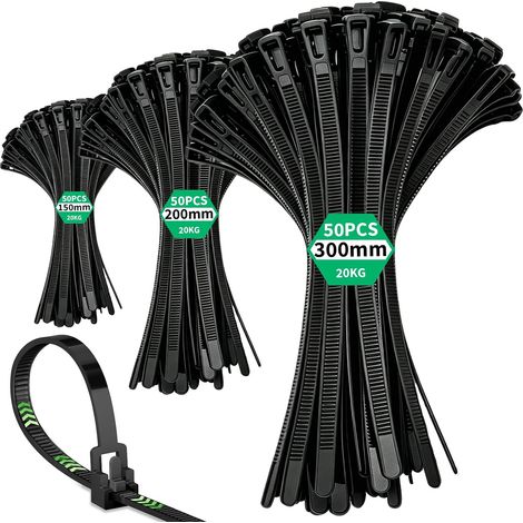 Colliers de Serrage Noirs Refermables, Lot 150 pièces 150/200/300mm (1/5)