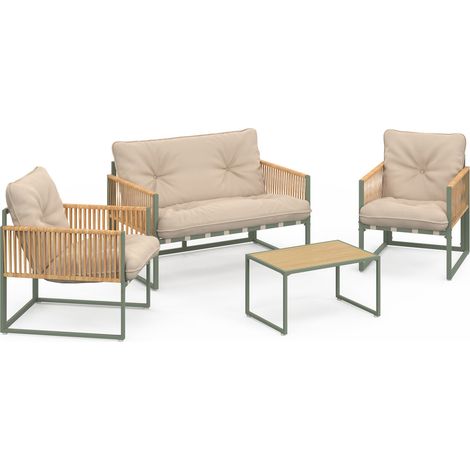 Niedrige Gartenmöbel RIO 4-Sitzer mit grünem Metallgestell, Seilen in hellem Rattaneffekt und beigen Kissen