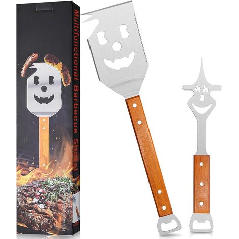 7 en 1 Ensemble d'outils de Barbecue, 2 Pièces Ustensiles Barbecue en Acier Inoxydable avec Manche en Bois Spatule Barbecue Fourchette Décapsuleur Outil Multifonction pour Hommes (1/5)