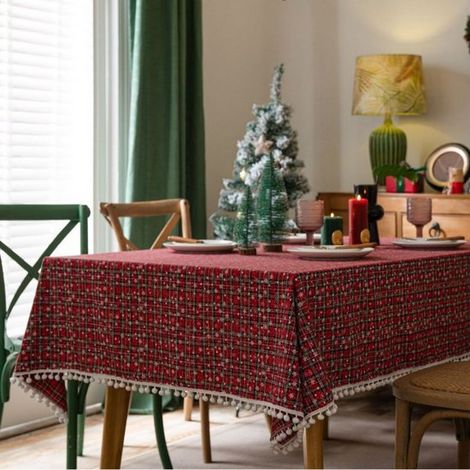 Retro-Tischdecke mit Karomuster und Quasten Tischdecke aus Baumwolle und Leinen staubabweisend geeignet für Küchen Buffets Restaurants Picknicks 140 (1/5)