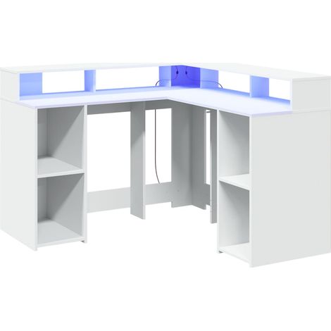 Bureau table poste de travail meuble d'ordinateur informatique étude avec lumières LED 130 x 130 x 91 cm bois d'ingénierie blanc