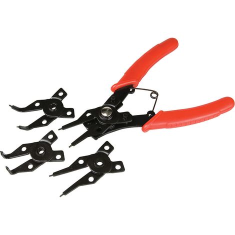 Alicates 4 en 1 con puntas intercambiables para anillos Seeger o circlip. Herramienta resistente y versátil para talleres y bricolaje.