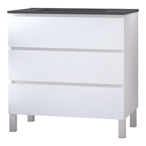 ONDEE ZEN -  Meuble salle de bain à poser TRENDY - 80 cm - 3 tiroirs - Blanc mat - Plan noir