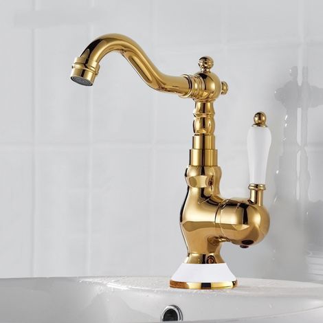 Robinet rétro en laiton français pour cuisine, salle de bain, meuble de lavabo, robinet anti-éclaboussures d'eau chaude et froide (or) (1/5)