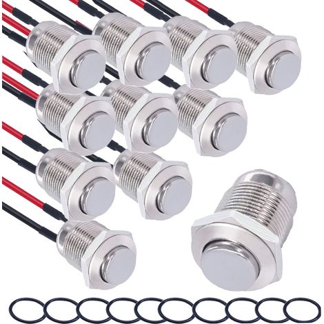 10×12mm Momentané Bouton-Poussoir Étanche en Acier Inoxydable Bouton-Poussoir, boutons de sonnette 12V 3A 250V, pour voiture, PC, lampe de table( Ronds)(High Head)(précâblé) (1/5)