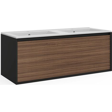 Mobile per bagno sospeso con scanalature e lavabo da incasso 120 cm Naturale scuro e Nero - BANIVA (1/5)