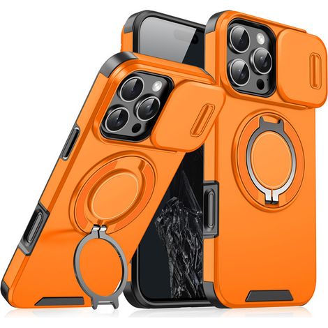 Extrem stoßfeste Hülle für iPhone 16e (6,1") – Verschiebbare Objektivabdeckung, drehbarer Ständer und verschiebbarer Ring – Orange (1/5)