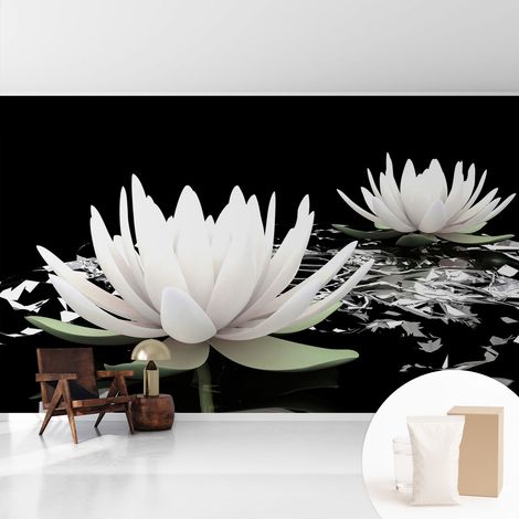 Tapete Vliestapete mit Kleber- abwaschbar - Raumgestaltung Schlafzimmer Wohnzimmer Tapete Blumen im Wasser 416x254 cm (1/5)