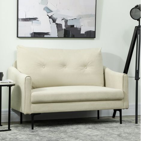 Divano 2 posti in tessuto con schiuma, telaio e piedini in metallo, bianco crema, 124 cm (1/5)