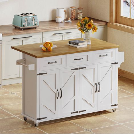 Isola da cucina pieghevole 140x43(70)x90.5 cm, piano estendibile, 4 porte, 3 cassetti, MDF, bianco naturale (1/5)