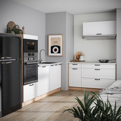 Küchenzeile Fame-Line, Weiß Landhaus/Goldkraft Eiche, 340 cm ohne Arbeitsplatte, Vicco (1/5)