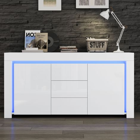 Credenza MDF bianco lucido 140 x 40 x 65 cm con 2 ante, 3 cassetti, ripiani regolabili e LED