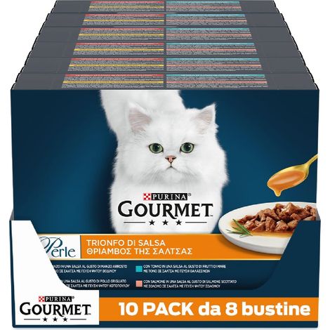 GOURMET Perle Trionfo di Salsa Cibo Umido per Gatti Adulti Filettini con Manzo, Pollo, Salmone e Tonno 80 Buste da 85g (1/5)