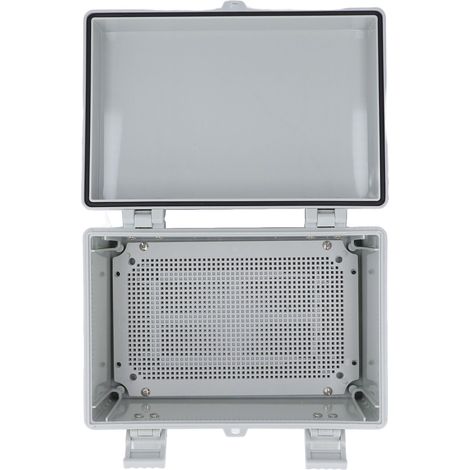 Grauer elektrischer Anschlusskasten mit Klappdeckel, IP67 wasserdicht, Schutzgehäuse für den Außenbereich zur Verwendung mit wasserdichter Verkabelung. (1/5)
