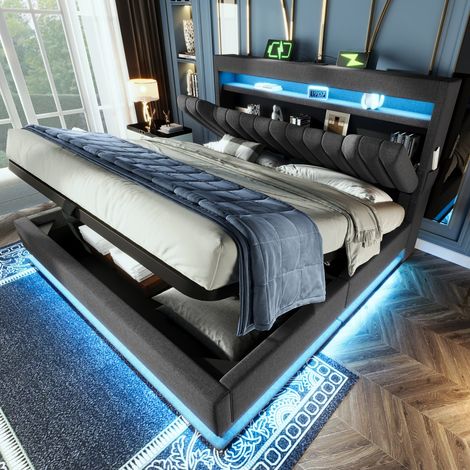 Lit double 140x190cm capitonné, tête de lit rangements, ports USB/Type‑C, LED, coffre hydraulique, gris lin (sans matelas) (1/5)