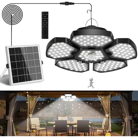 Lampe Solaire Interieur avec Détecteur de Mouvement, 6000K Lampe Solaire avec Télécommande, 5M Câble, Suspension Exterieur Pliable, IP65 Étanche pour Terrasse, Garage, Jardin (1/5)