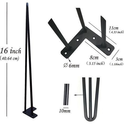 16 inch Metal Table Legs 40cm Black Steel Hairpin Table Leg 3 Rod Mid 41cm Century Modern Furniture Industrial Style for Side Table Bench DIY Furniture, with Protector Feet & Screws (Set of 4) (1/5)