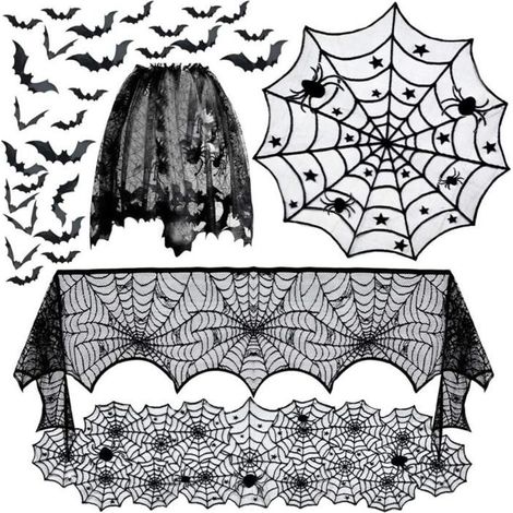 Ensemble de décoration d'Halloween 4 pièces : nappe toile d'araignée, set de table, abat-jour - décoration pour fête d'Halloween. (1/5)