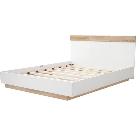 Cama doble 140 x 200 cm con cabecero y somier de lamas Blanco y roble HOMVRA (1/5)