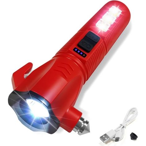 Linterna de emergencia roja para coche, 2000 lúmenes, recargable por USB con cortador de cinturón de seguridad. (1/5)