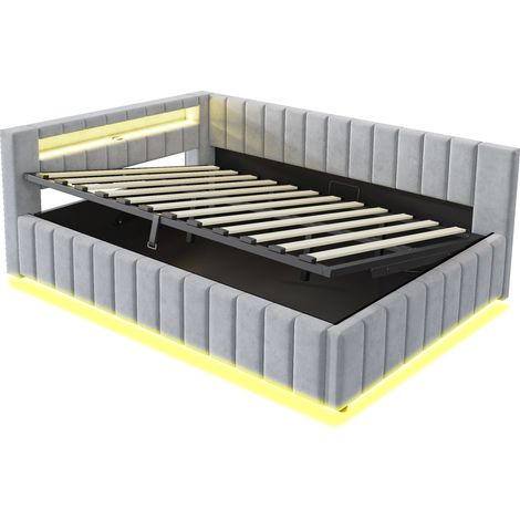 Cama arcón capitoné 140 x 200 cm de terciopelo gris claro con LED, USB y somier de láminas (1/5)