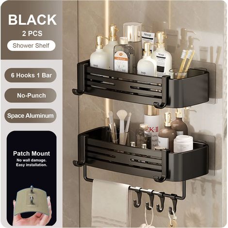 (noir-S2) Étagère murale rectangulaire pour salle de bain, porte-serviettes, porte-shampoing mural, sans perçage (1/5)