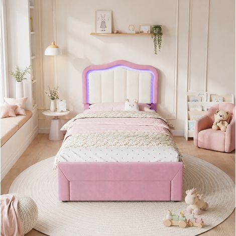 Letto singolo bambino 90x200 cm in velluto rosa con cassetto, senza materasso - CHICFURN (1/5)