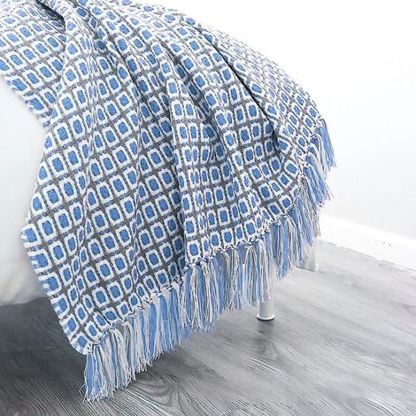 Gestrickte Decke mit blauem Karomuster im Bohème-Stil und Fransen, 130 x 170 cm (1/5)