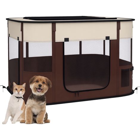 Foldable Dog Pen with Storage Bag for Indoor/Outdoor Use, Portable Pet playpen, with Ground Stakes - Brown