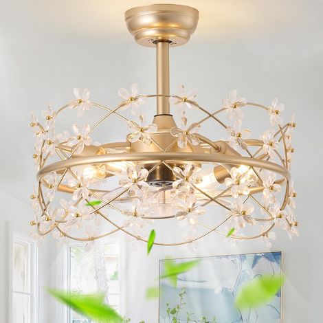 50cm Gold Crystal Fandelier Ceiling Fan with Light, Caged Flower Design, Remote Control, 6 Speeds for Bedroom & Living Room, Gold, Bulbs Not Included (1/5)