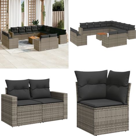 Salon de jardin avec coussins 14 pcs gris résine tressée - Ensemble Salon De Jardin - Mobilier De Jardin - Salon Extérieur - Résine Tressée - Rotin Synthétique - Home & Living (1/5)