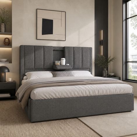 Cama con canapé 180x200 cm con cargador USB y portavasos, gris HAVRYA (1/5)