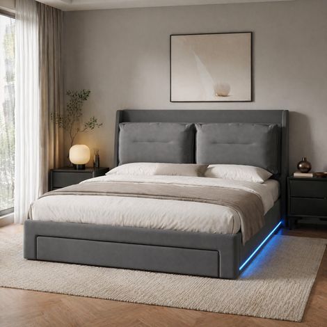 MEUBLIV Lit 140x190 cm gris foncé – lit coffre avec rangements et LED, sans matelas (1/5)
