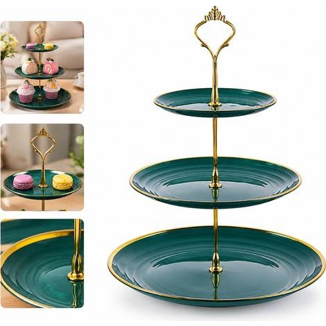Presentoir a Gateaux 3 Etages en Plastique Vert Emeraude a Bord Dore, Support a Patisserie et Fruits pour Fete et Buffet, 32.5 cm