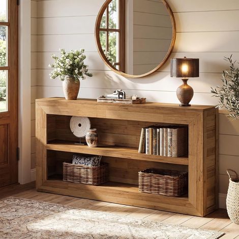 Tribesigns Table console en bois de 160 cm, longue table d'entrée étroite avec 2 étagères de rangement ouvertes, table de canapé de ferme derrière le canapé pour entrée, couloir, foyer, salon, marron (1/5)