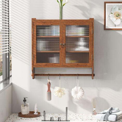 Armadietto pensile in legno massello e MDF marrone con ante in vetro, 63 x 18 x 60 cm, 3 livelli (1/5)
