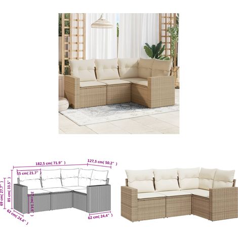4-tlg. Garten-Sofagarnitur mit Kissen Beige Poly Rattan - Gartenmöbel - Outdoor Möbel - Rattan Sofa - Polyethylen Furniture - Lounge Set - Home & Living (1/3)