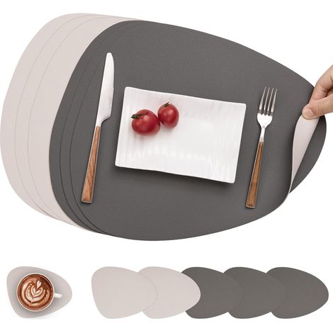 Set aus Platzsets und Untersetzern, doppelseitige, rutschfeste Platzsets, abwaschbare und wasserdichte Kunststoff-Platzsets (grau und weiß, 6-teiliges Set)