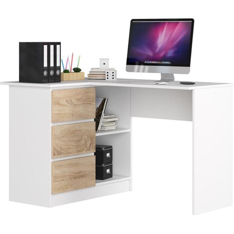 Akord – Bureau d'angle gauche 124 cm – 3 tiroirs et 2 étagères – Panneau stratifié blanc et chêne sonoma – Dimensions 124x85x77 cm