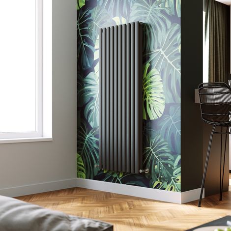 ELEGANT Vertical Column Designer Radiator Anthracite Oval Double Panel Rad 1600 x 590mm + Angled Radiator Valves (1/5)