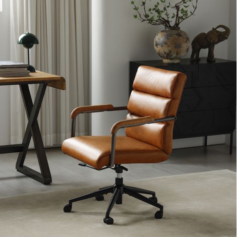 Sedia da ufficio in pelle marrone con ruote, braccioli in legno e altezza regolabile OKWISH (1/5)