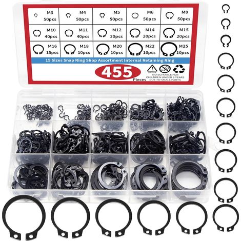 Kit de 455 anillos de retención externos y circlips, anillos de retención y circlips tipo C, acero, 15 tamaños de anillos de retención. (1/4)