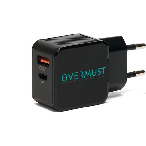 Overmust 25W-Wandladegerät, 2 Anschlüsse USB-C PD und USB-A QC 3.0, Schwarz (1/5)