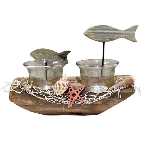 Signes Grimalt Figure di figura marine  Barca portavelas con pesce marinaio grigio 7x18x12cm 30215