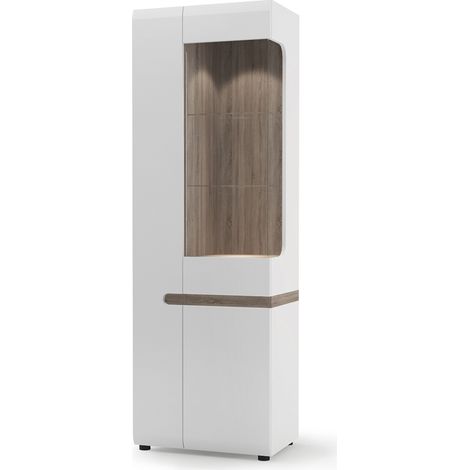 Wohn-/Esszimmer Vitrinenschrank mit Beleuchtung in weiß Hochglanz mit Trüffel Eiche Nb. LEGNICA-129, B/H/T: ca. 64/194,5/42 cm (1/3)