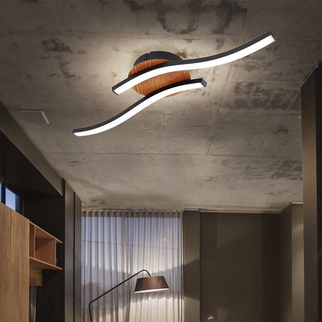 Plafoniera LED soggiorno lampada 2 fiamme plafoniera aspetto legno, moderna, metallo acrilico nero opale, 2x LED 12W 800Lm 3000K, HxLxL 7.5x51x13 cm