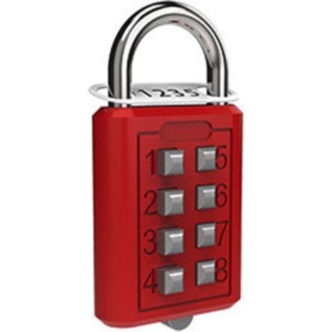 Cadenas à 8 chiffres avec bouton-poussoir - Alliage de zinc, code préréglé à 4 chiffres, boutons tactiles pour personnes malvoyantes, pour armoires, casiers de salle de sport et bagages, rouge (1/5)