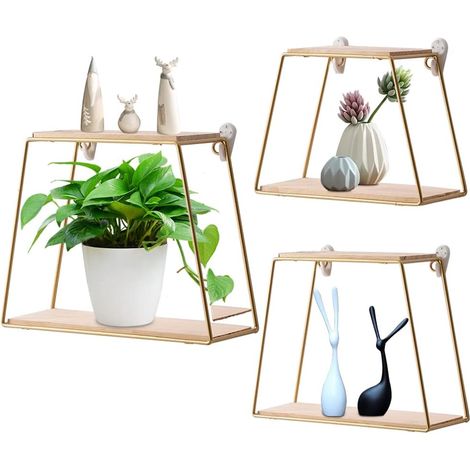 Wall Shelves Set of 3, Trapezoid Metal Wall Shelf Floating Shelves Wall Shelves Industrial Shelf for Living Room, Kitchen, Bathroom, Bedroom, Wall Decoration (Gold)